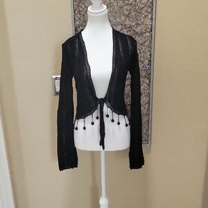 White House Black Market Black Tie-Front Crochet Cardigan with Tassles
